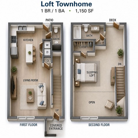 Floor plan for 1 bed, 1.5 baths, 1150 sqft